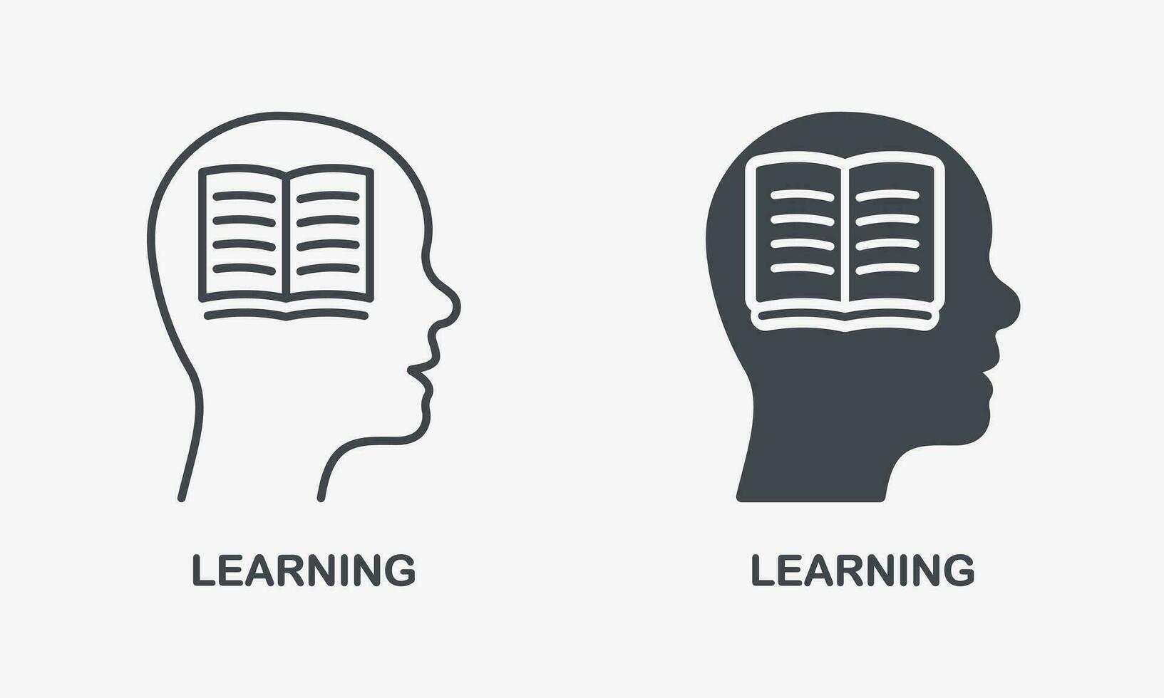 Learning, Cognition, Wisdom, Idea, Knowledge, Education Silhouette and Line Icon Set. Book in Human Head Pictogram. Intelligent Brain Symbol Collection. Isolated Vector Illustration.