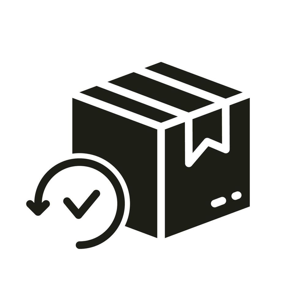 Refund Parcel Symbol. Check and Return Parcel Silhouette Icon. Shipping Order Package Glyph Pictogram. Delivery Box with Arrow and Checkmark Solid Sign. Isolated Vector Illustration.