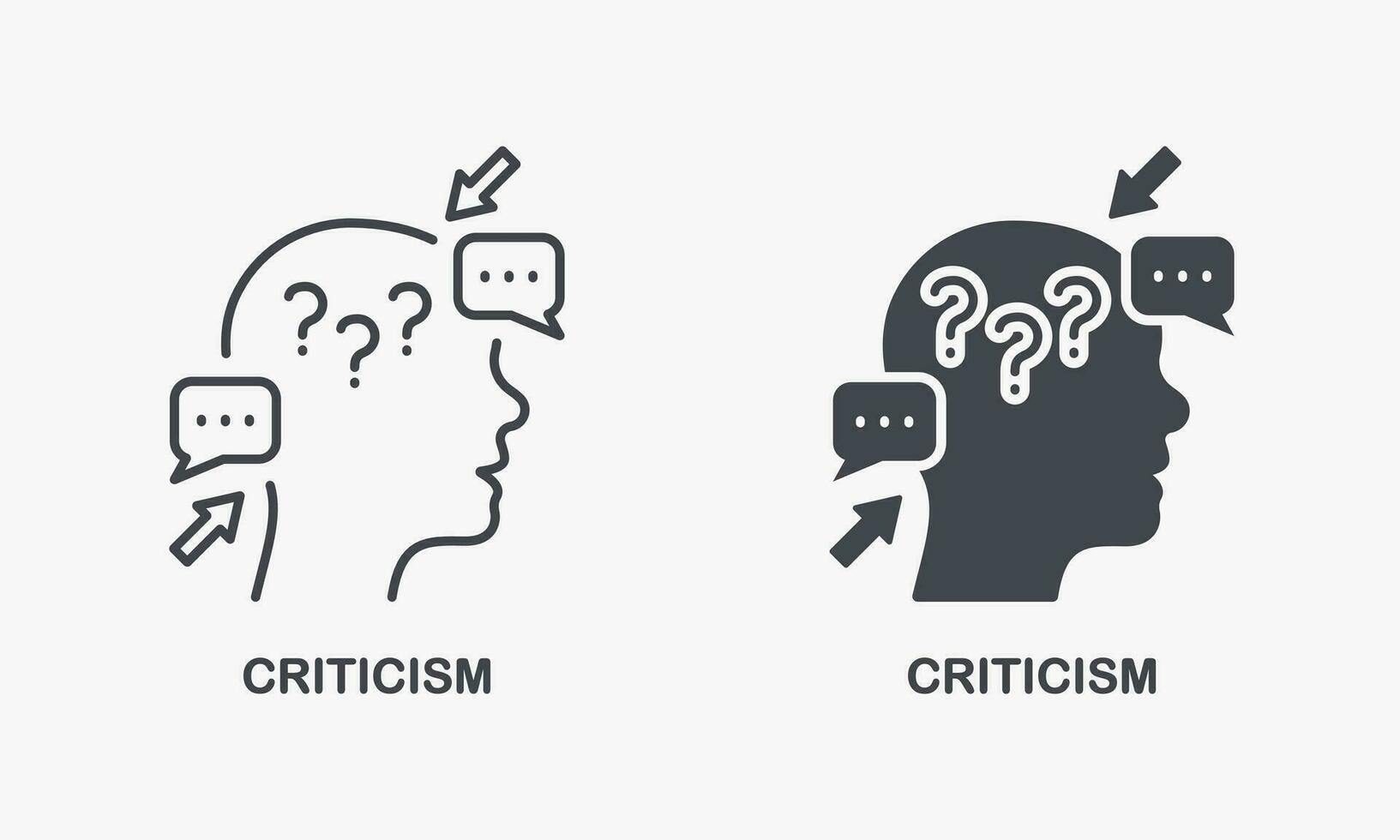 Criticism Pictogram. Frustrated Human, Angry Swear and Complain Silhouette and Line Icon Set. Critic Thinking, Intellectual Process, Critical Review Symbol Collection. Isolated Vector Illustration.