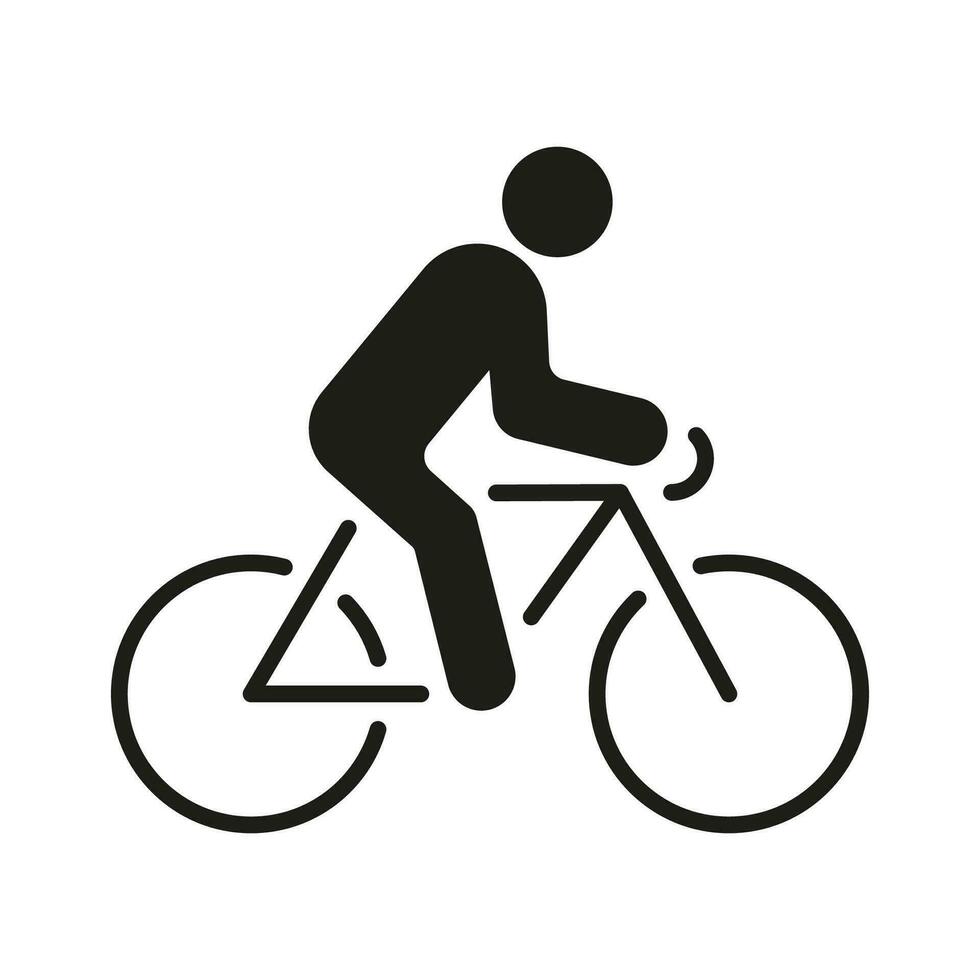 hombre en montaña bicicleta silueta icono. ciclista en bicicleta glifo pictograma. profesional jinete en ciclo sólido signo. deporte carrera símbolo. al aire libre actividad, activo estilo de vida. aislado vector ilustración.