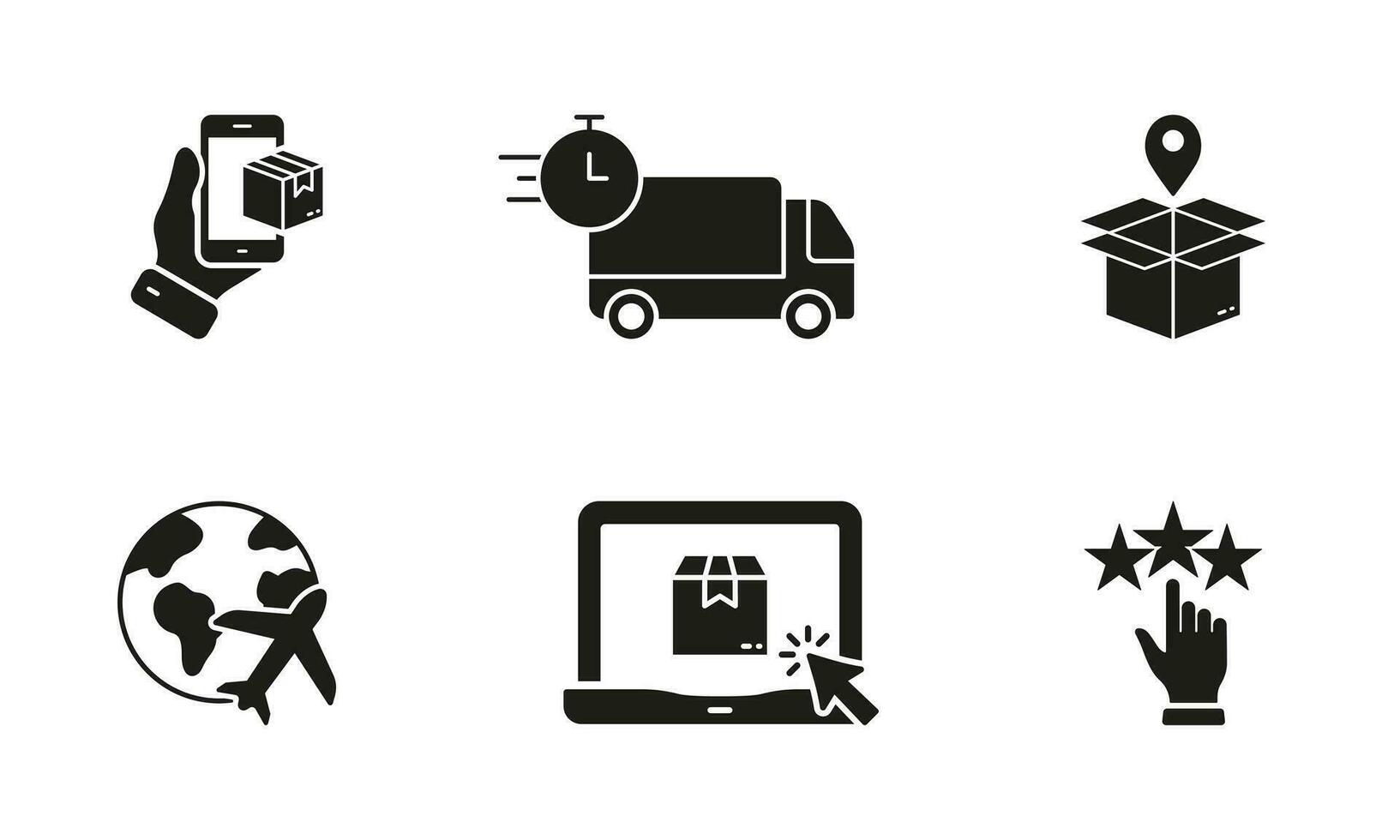 Logistic and Shipping Silhouette Icon Set. Online Purchase, Delivery Service Glyph Pictogram. Shipment Truck Solid Sign. Global Air Transportation Symbol Collection. Isolated Vector Illustration.