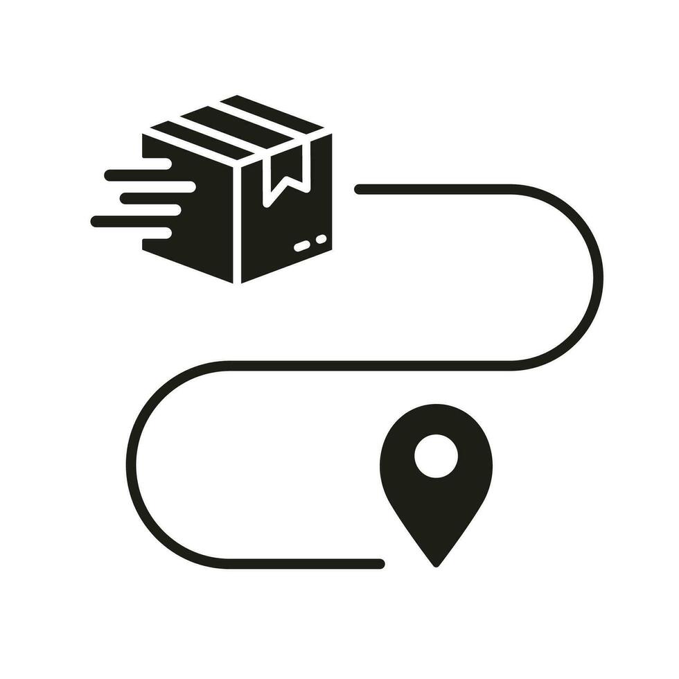 Shipment Distance Silhouette Icon. Parcel Location Symbol. Pin on Map with Box, Order Route Glyph Pictogram. Delivery Service Path Solid Sign. Isolated Vector Illustration.