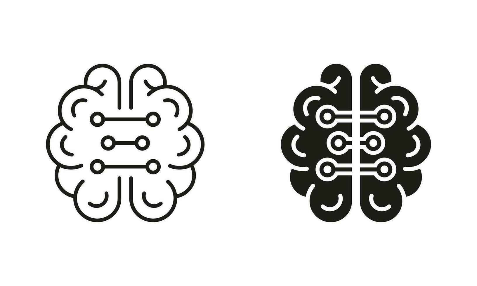 Human Brain and Digital Technology Black Symbol Collection. Neurology and Artificial Intelligence Silhouette and Line Icons Set. Tech Science Pictogram. Isolated Vector Illustration.