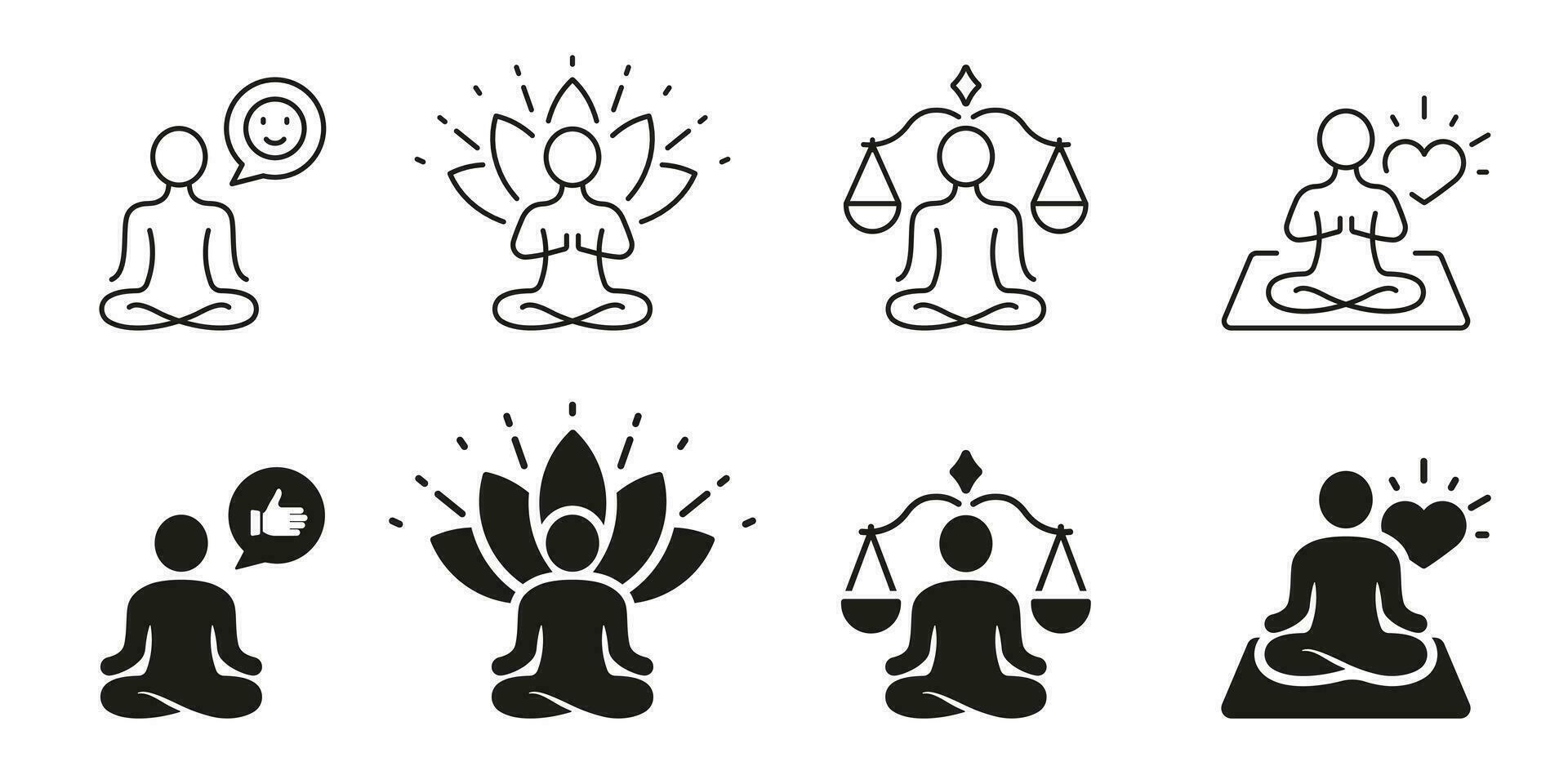 bienestar, sano estilo de vida silueta y línea íconos colocar. yoga y relajarse, personas en loto actitud pictograma. meditación y armonía negro símbolo recopilación. aislado vector ilustración.