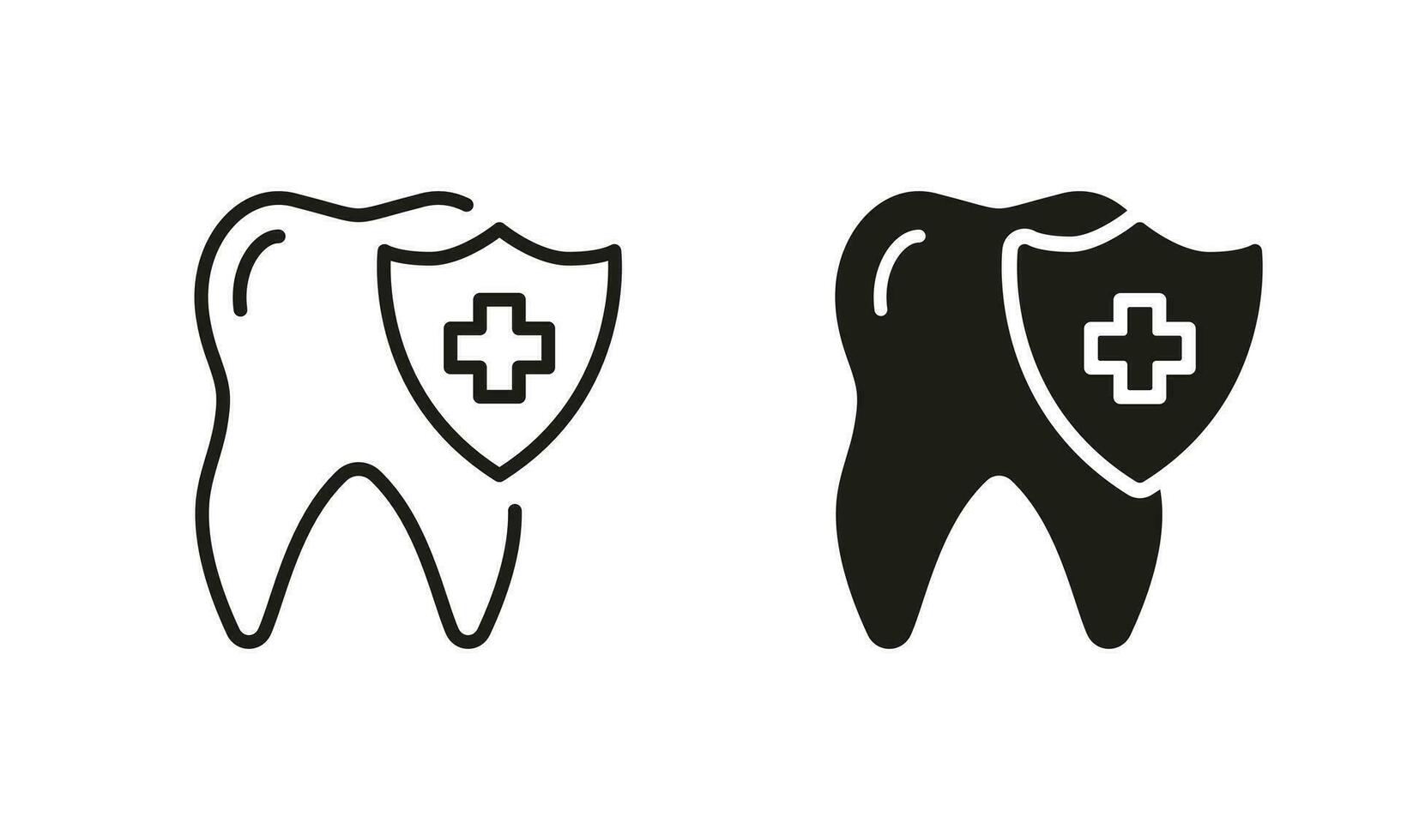 Medical Oral Care Silhouette and Line Icon Set. Dental Insurance Pictogram. Teeth Protection. Tooth Hygiene and Defense Black Symbol Collection. Dental Treatment Sign. Isolated Vector Illustration.