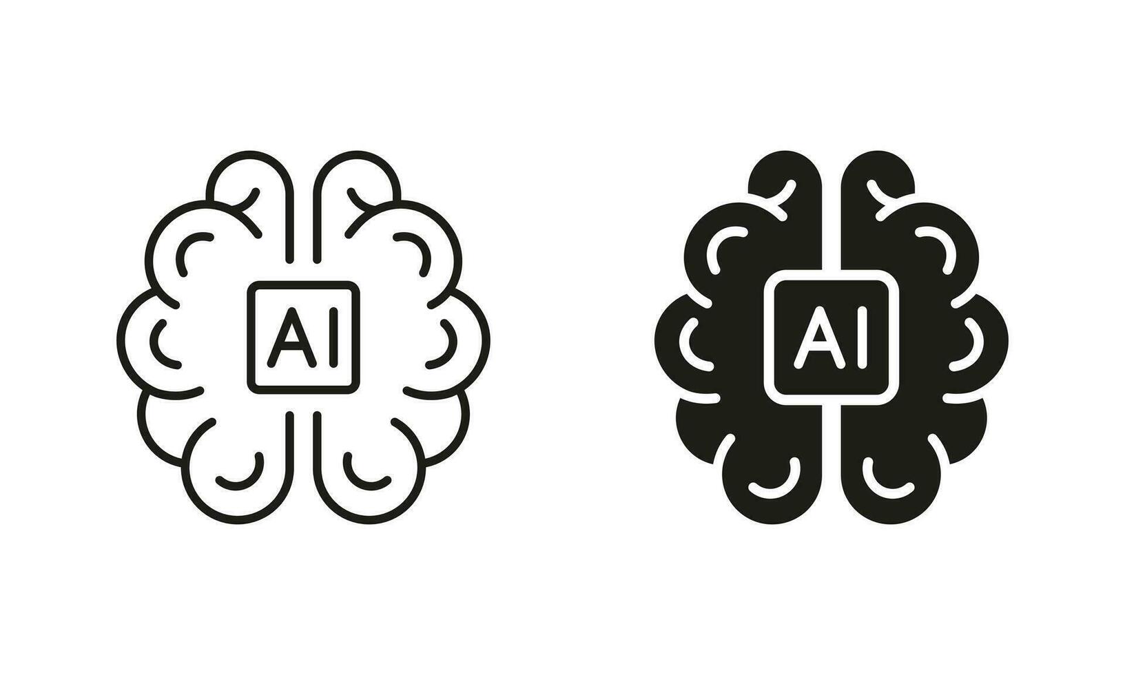 Artificial Intelligence Silhouette and Line Icons Set. AI with Human Brain Pictogram. Digital Technology Black Symbol Collection. Isolated Vector Illustration.