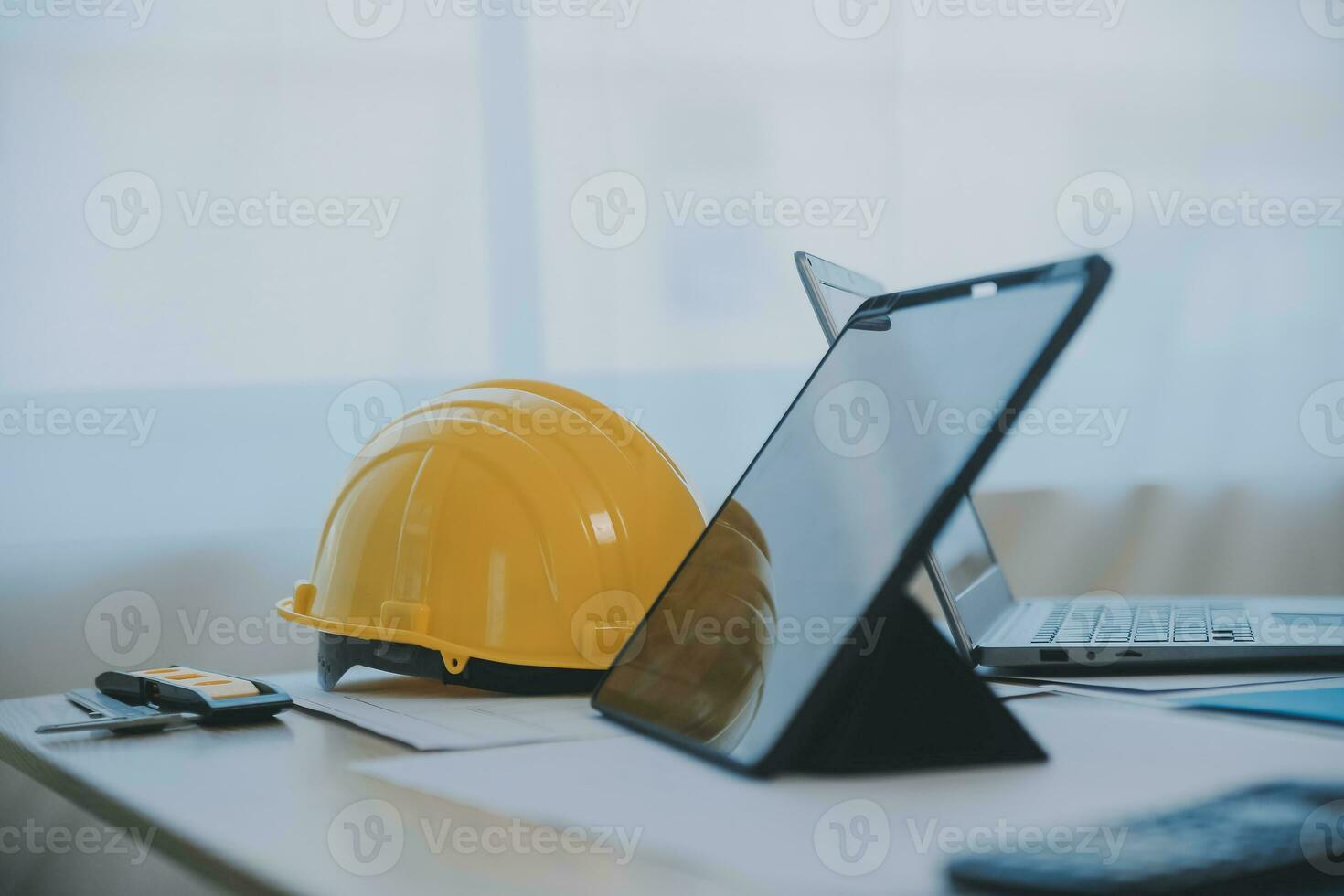 Construction and structure concept of Engineer or architect meeting for project working with partner and engineering tools on model building and blueprint in working site, contract for both companies. photo