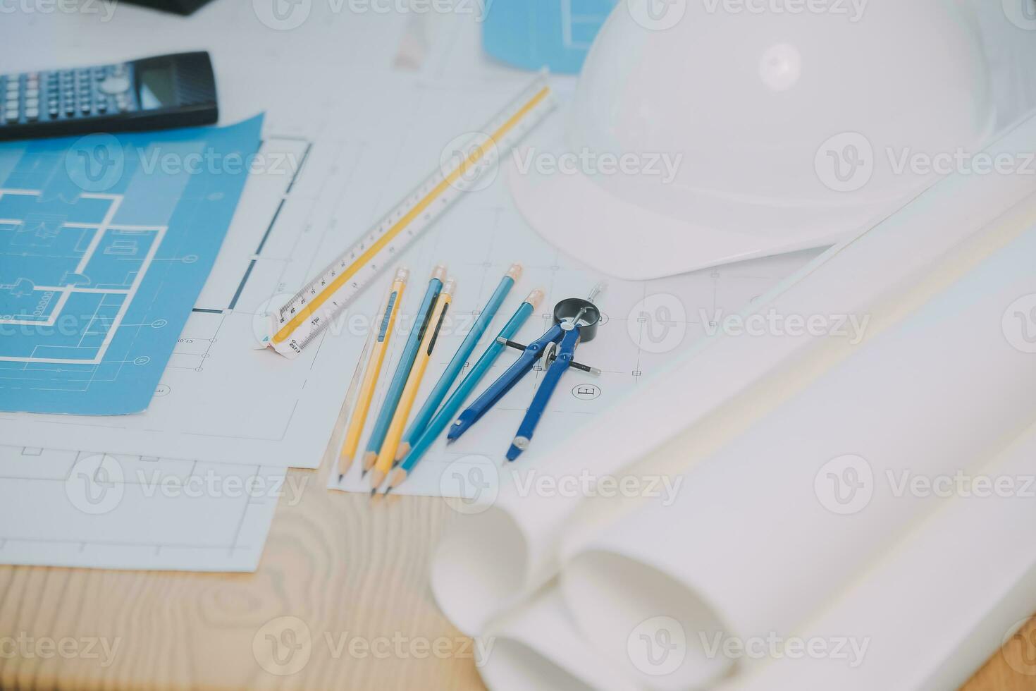 Construction and structure concept of Engineer or architect meeting for project working with partner and engineering tools on model building and blueprint in working site, contract for both companies. photo