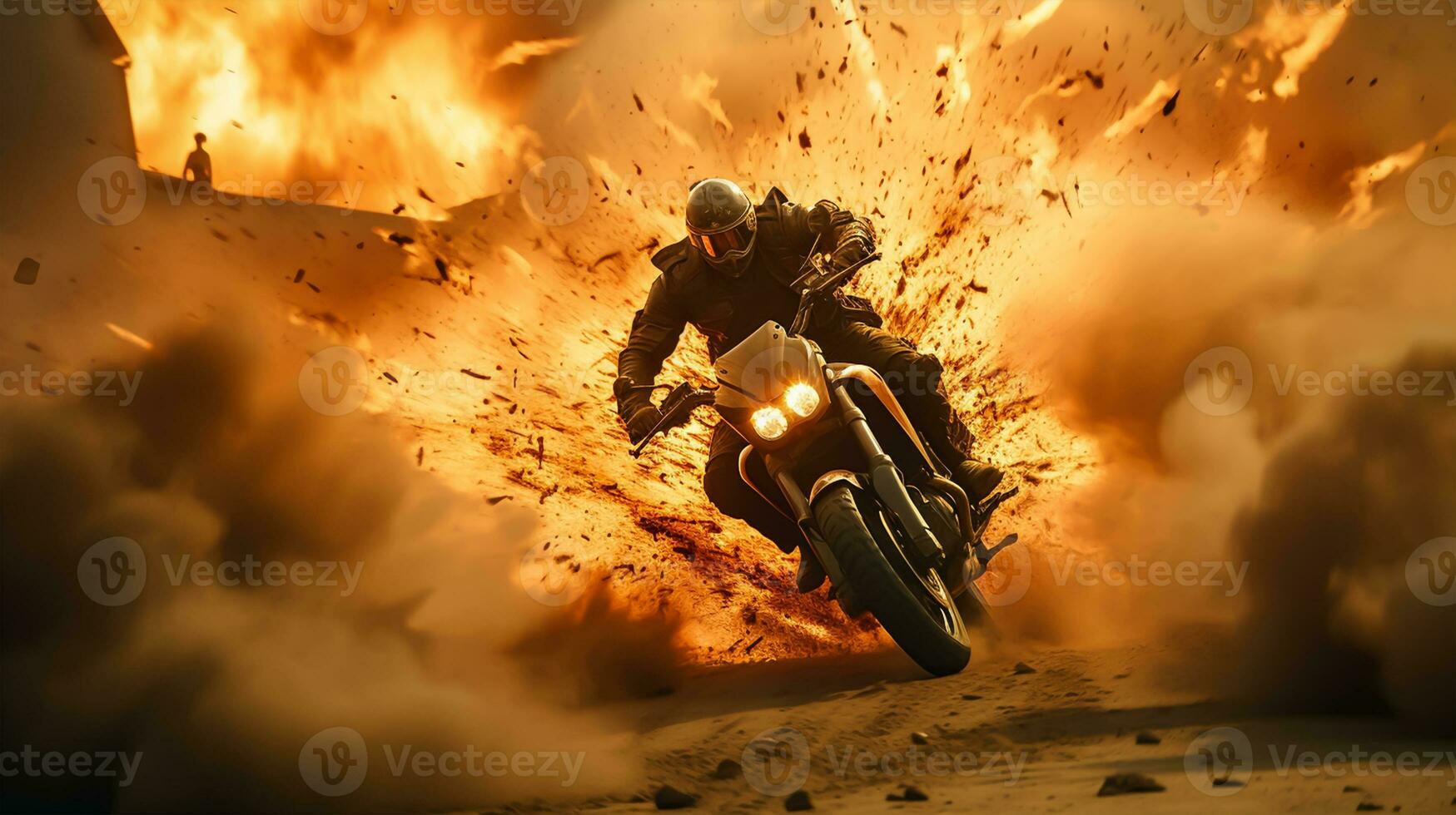 Racing motorcycle in flames. Motorcyclist on a motorcycle in smoke. photo