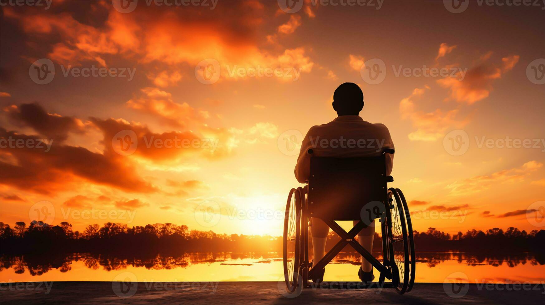 Silhouette of disabled man on wheelchair at the beach during sunset, Disable day photo