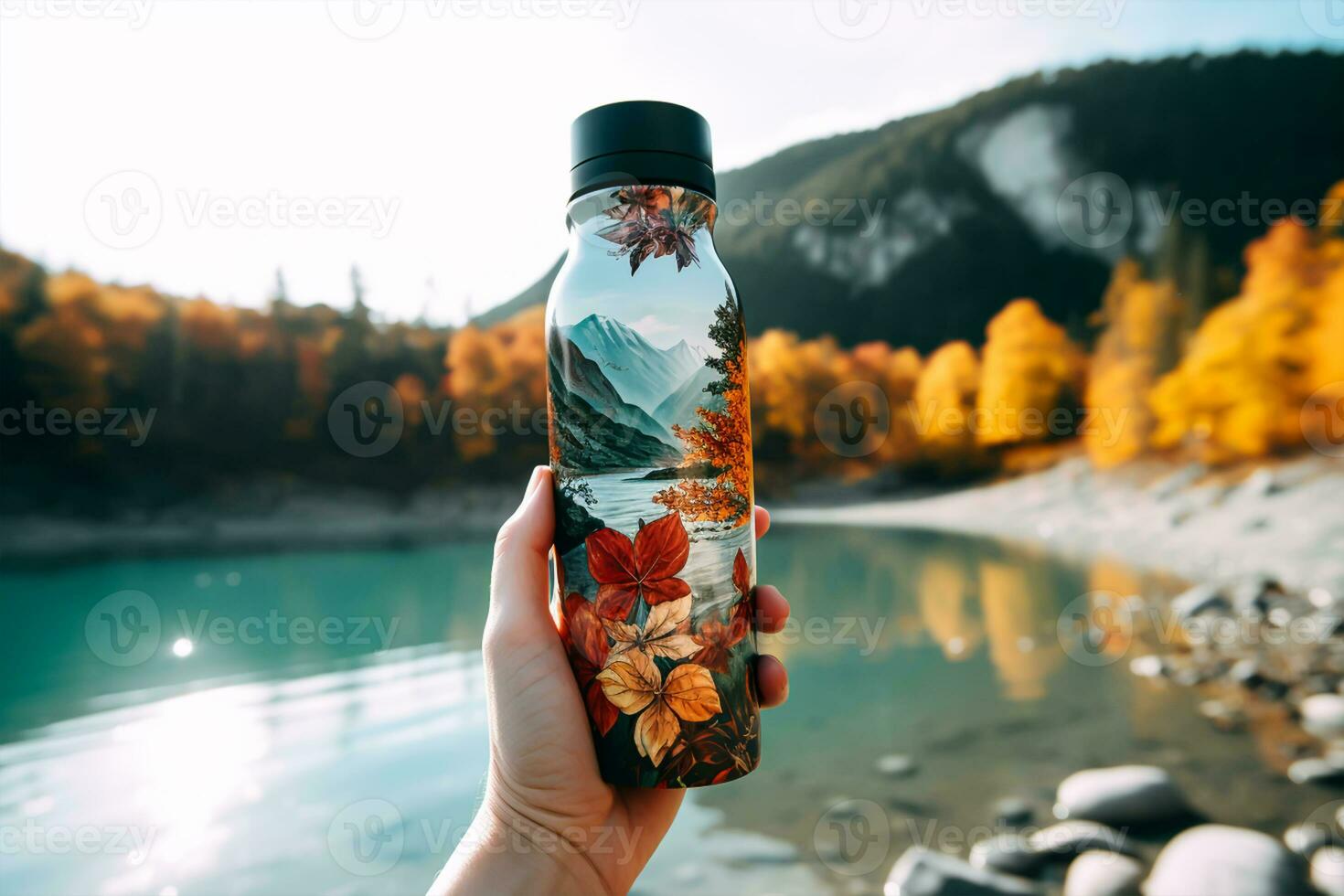 Female hand holding a bottle of water on the background of mountains and lake photo