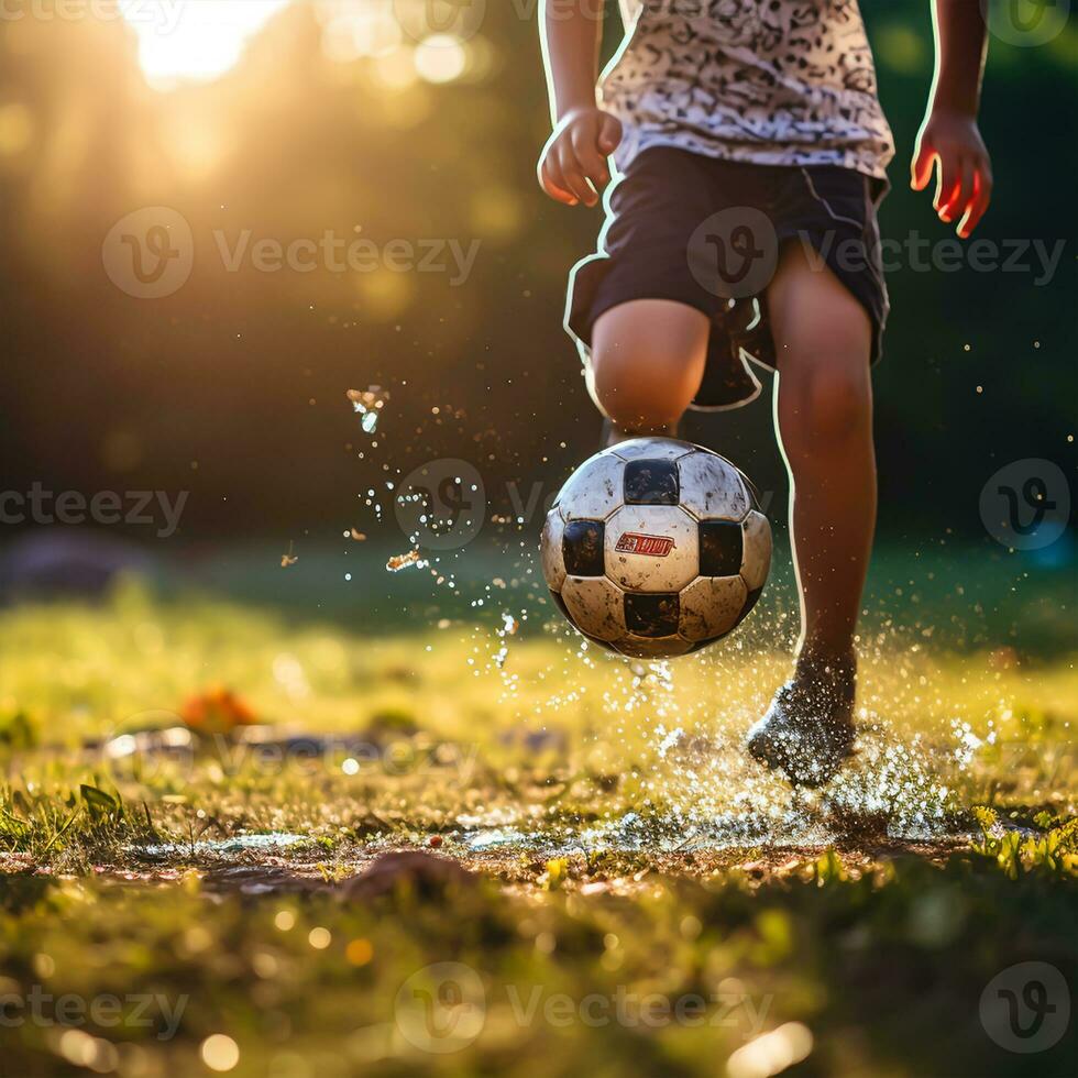 niño jugando fútbol americano en el campo. pequeño chico pateando un fútbol pelota. foto