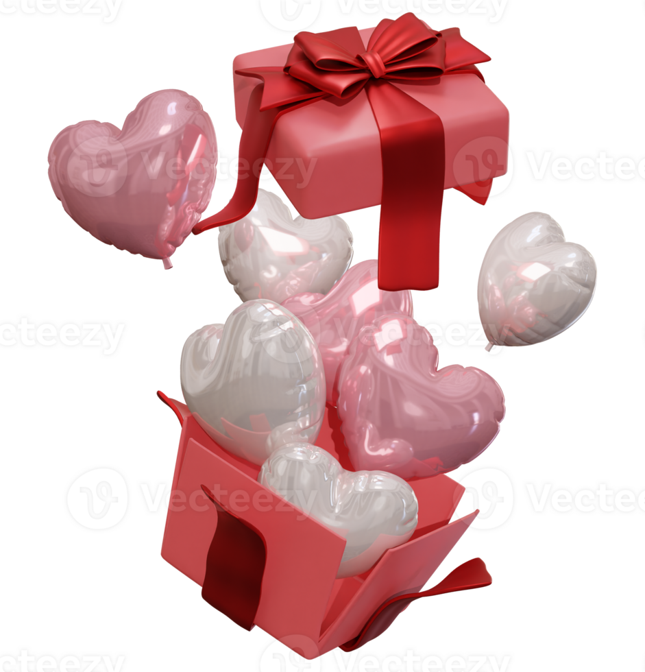 There is an open gift box with love balloons flying out of it on a transparent background, 3D rendering illustration png