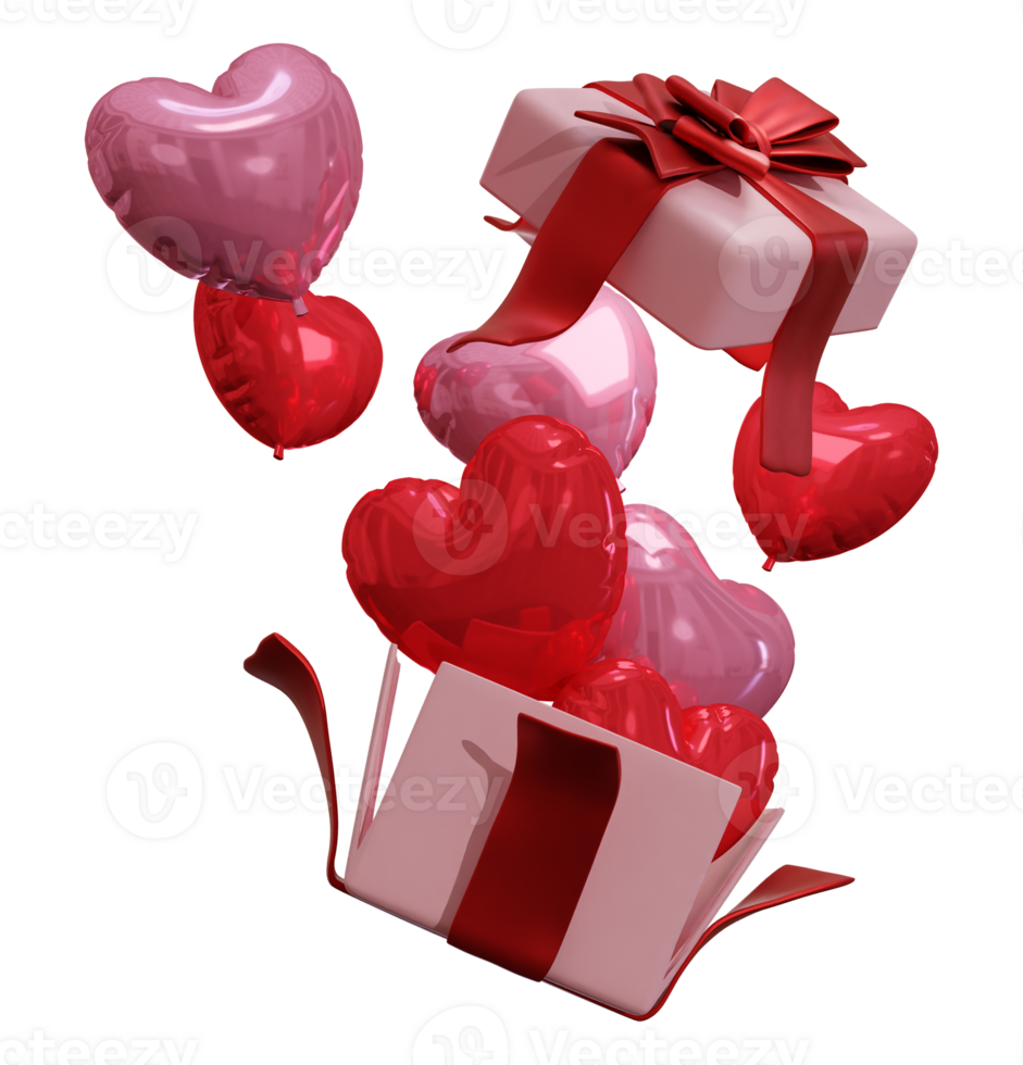 There is an open gift box with love balloons flying out of it on a transparent background, 3D rendering illustration png