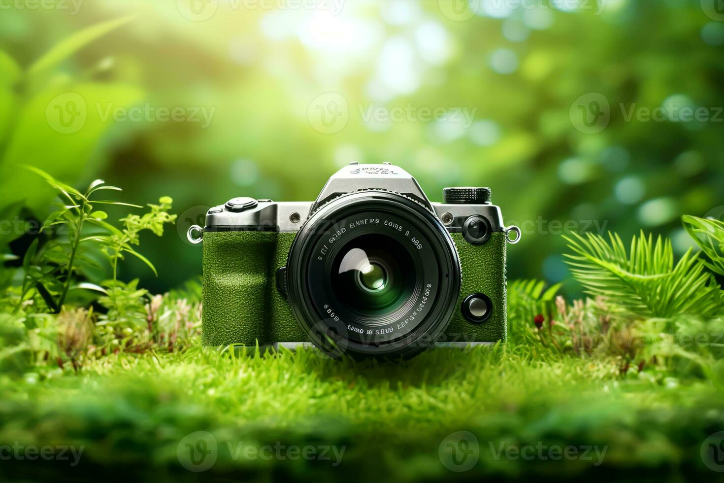 Green camera on grass with nature bokeh background. Nature concept. photo