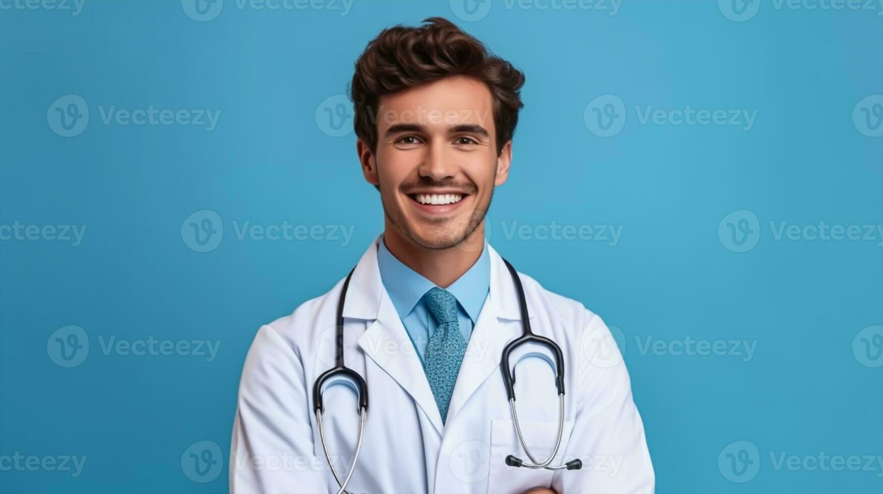 sonriente joven masculino médico mirando a cámara aislado en azul antecedentes foto