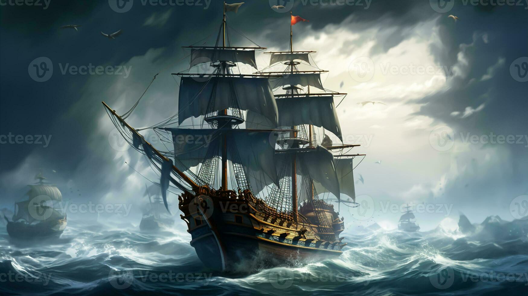 Sailing ship in stormy sea. 34958514 Stock Photo at Vecteezy