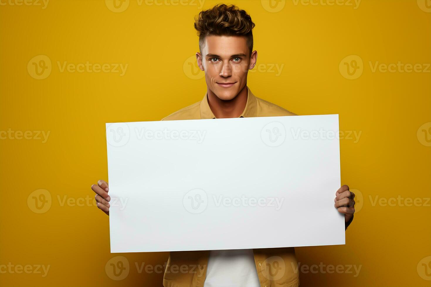 hermoso joven hombre participación un blanco sábana de papel foto