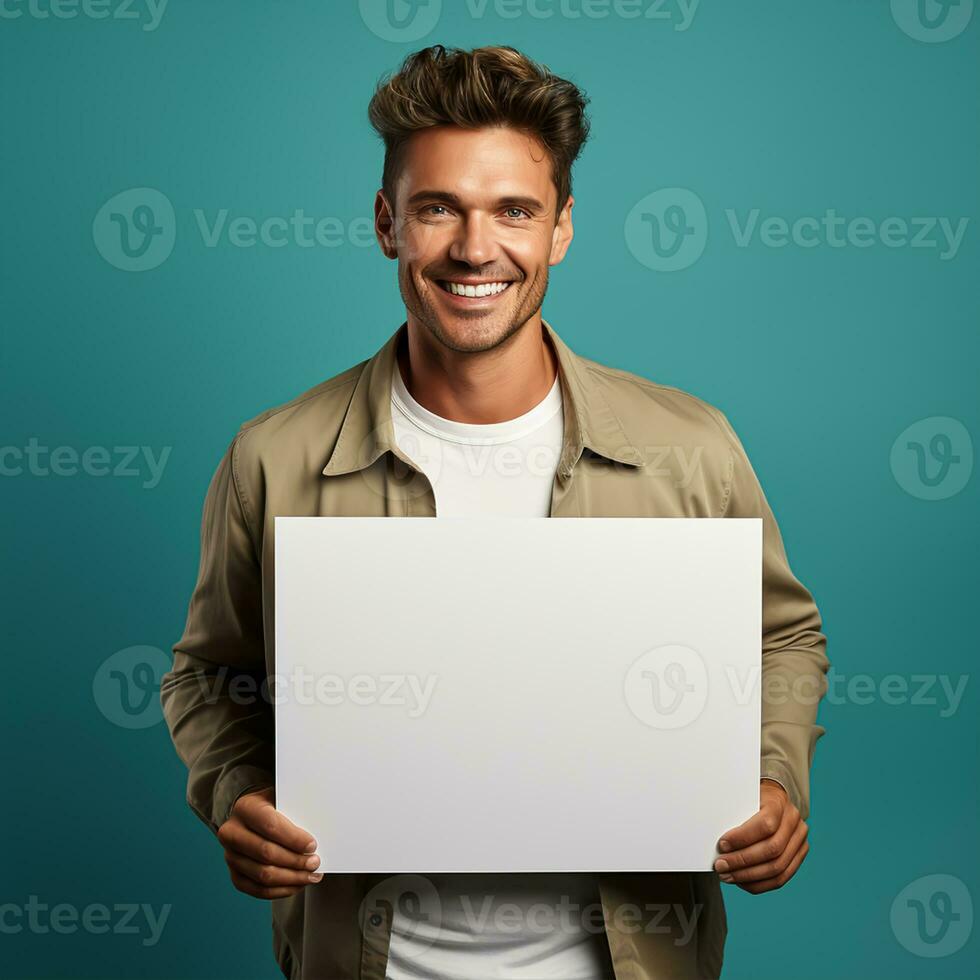 Handsome young man holding a blank sheet of paper photo