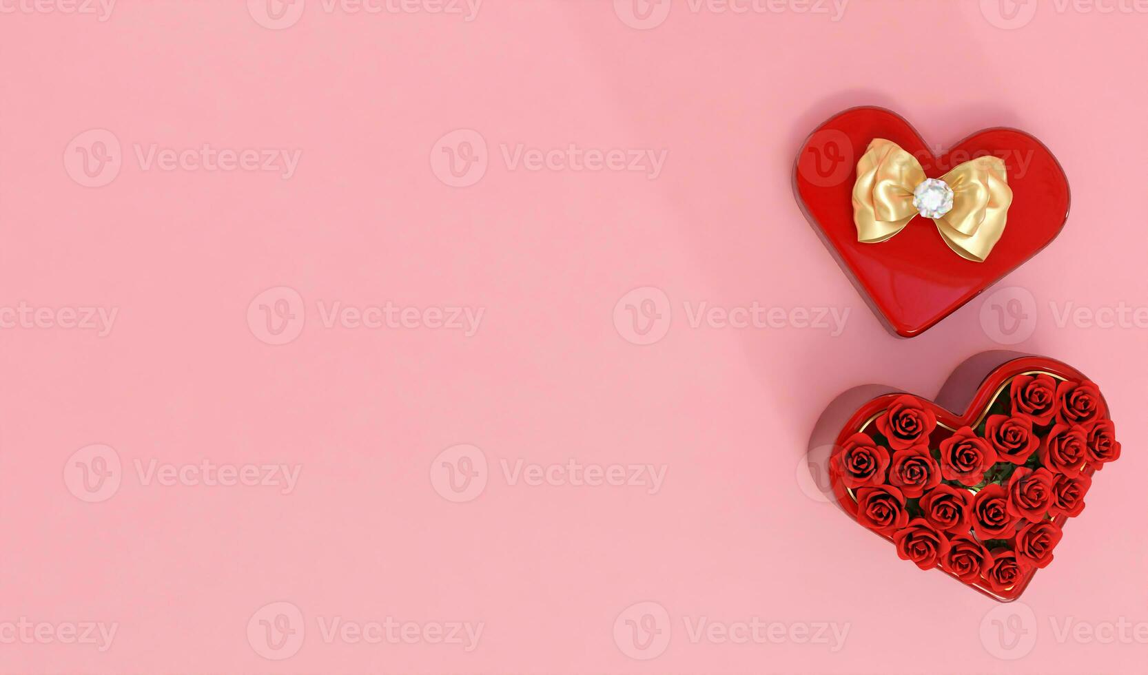 3D rendering pink background with open love gift box filled with roses, suitable for Valentine's Day, weddings, birthdays, etc. photo
