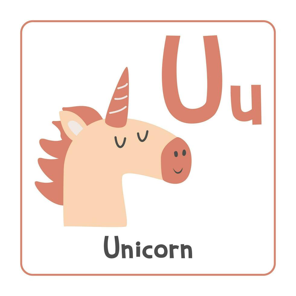 Unicorn clipart. Unicorn vector illustration cartoon flat style. Animals start with letter U. Animal alphabet card. Learning letter U card. Kids education. Cute unicorn vector design