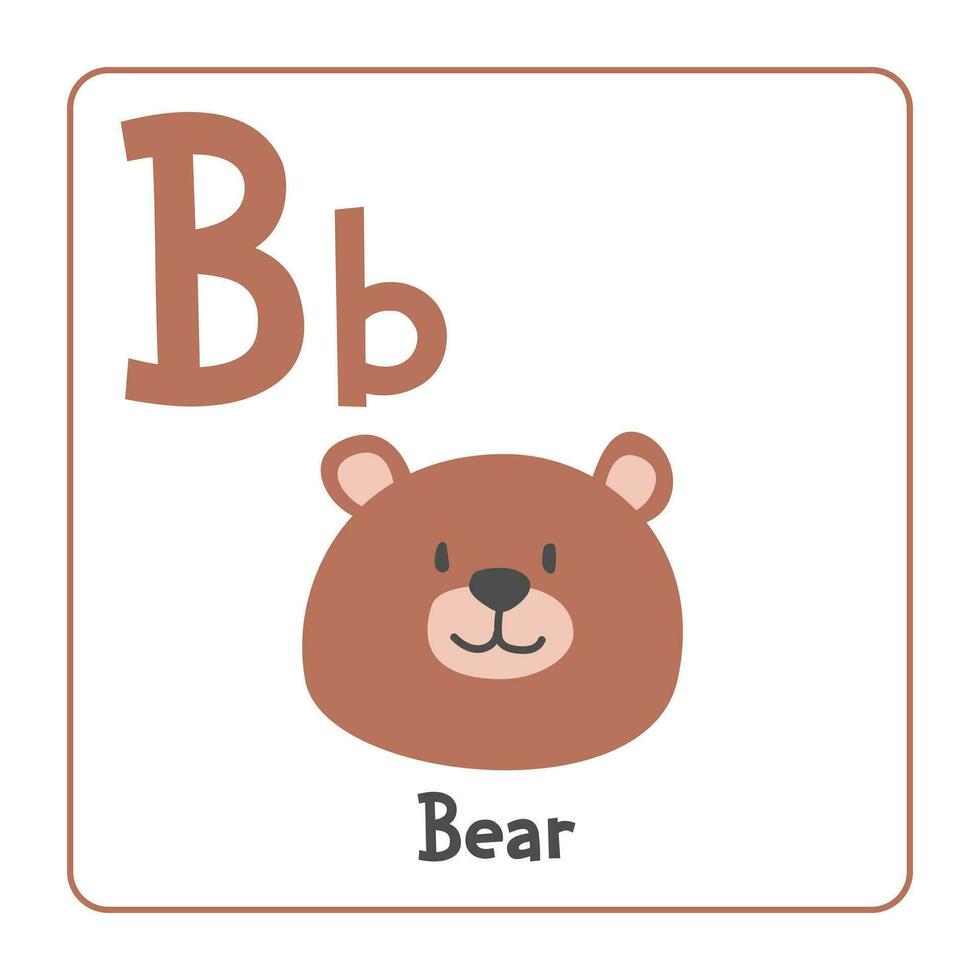 Bear clipart. Bear vector illustration cartoon flat style. Animals start with letter B. Animal alphabet card. Learning letter B card. Kids education. Cute brown bear vector design