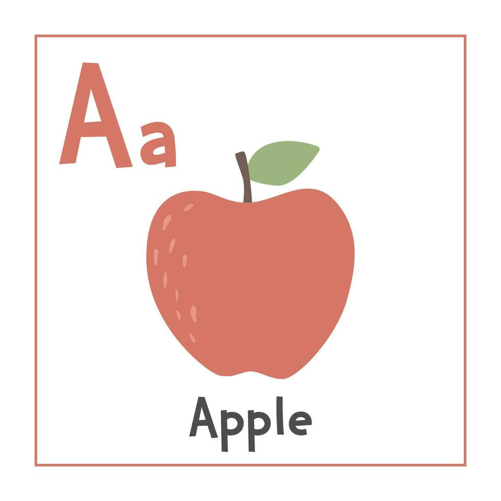Apple clipart. Apple vector illustration cartoon flat style. Fruits start with letter A. Fruit alphabet card. Learning letter A card. Kids education. Cute apple vector design