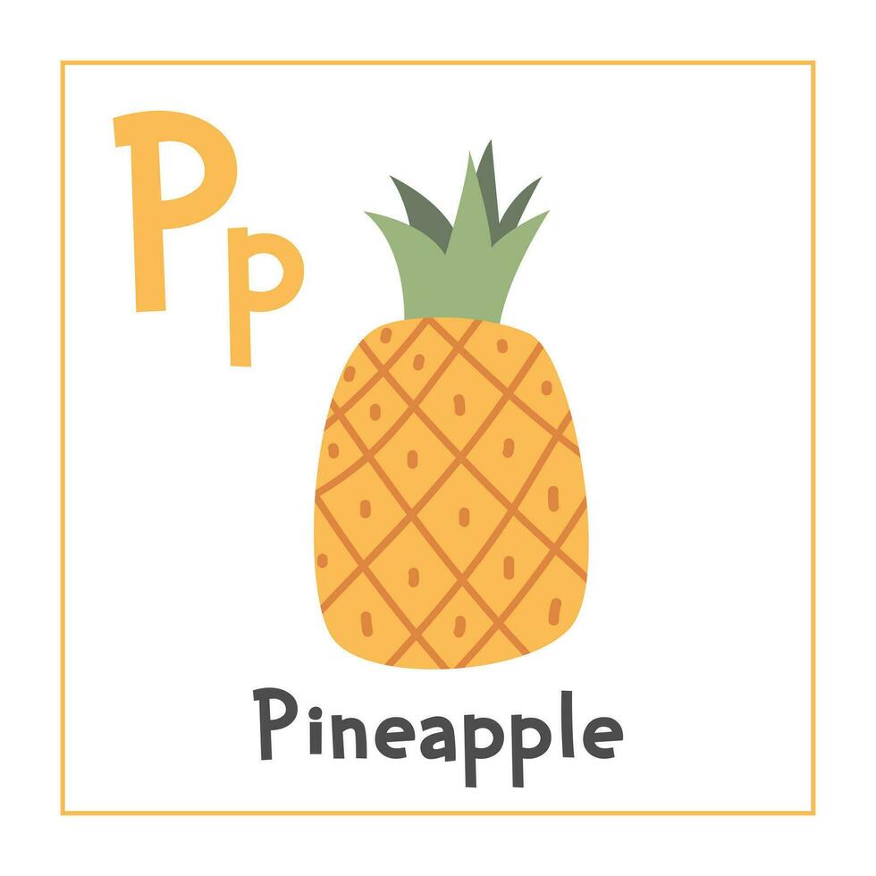 piña clipart. piña vector ilustración dibujos animados plano estilo. frutas comienzo con letra pags. Fruta alfabeto tarjeta. aprendizaje letra pags tarjeta. niños educación. linda piña vector diseño