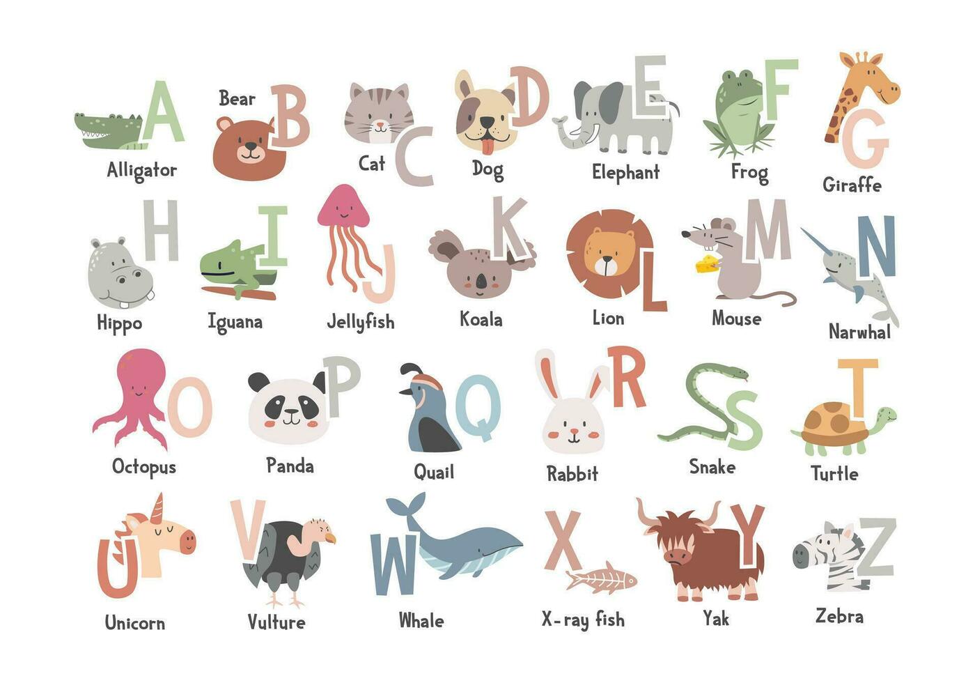 Cute animal alphabet for kids education, flat vector illustration. Zoo Alphabet Animals. Letters from A to Z with animals clipart funny cartoon hand drawn style. Alligator, Iguana, Quail, Vulture, Yak