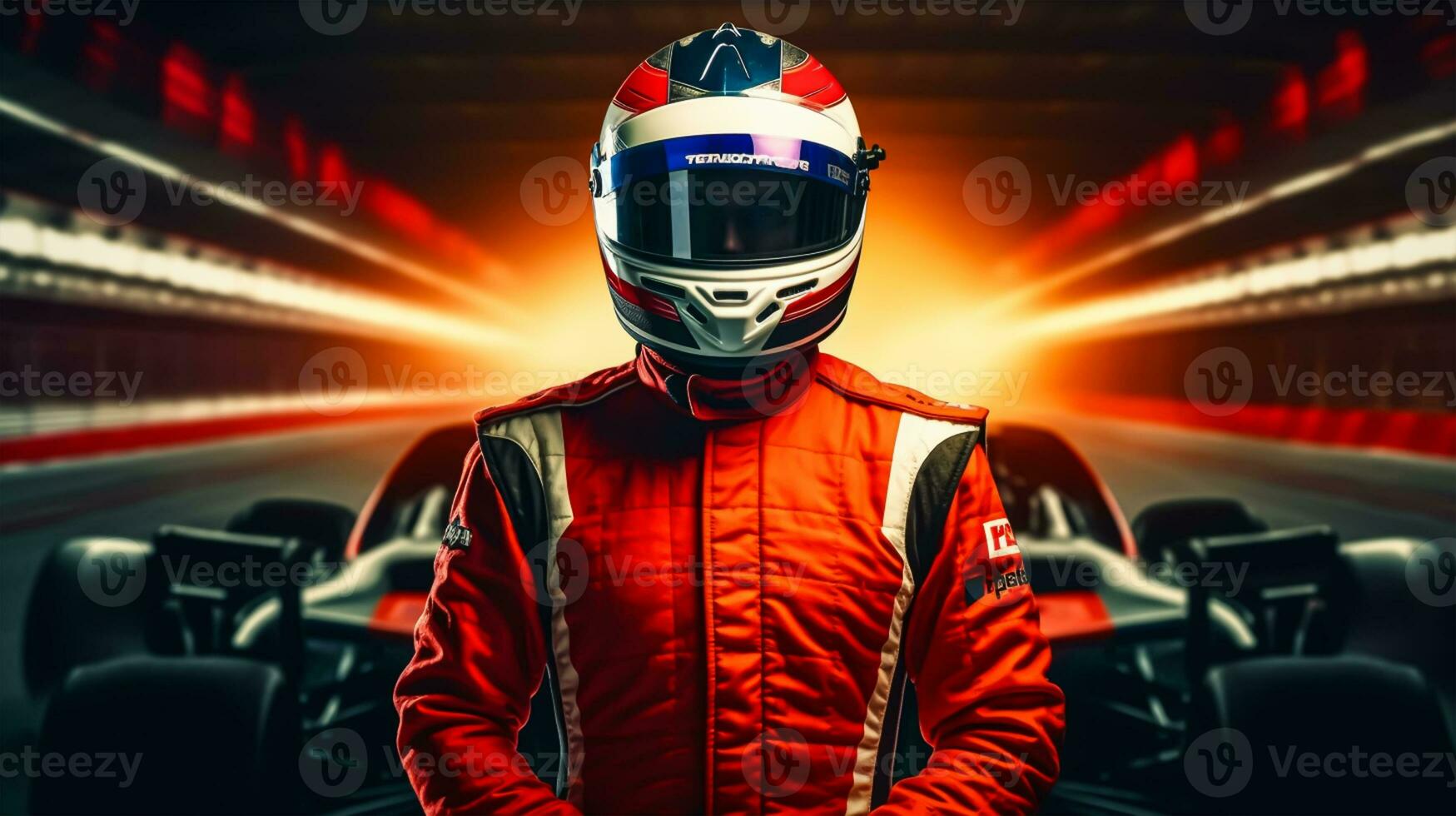 Close up of racing driver against race track with red lights photo