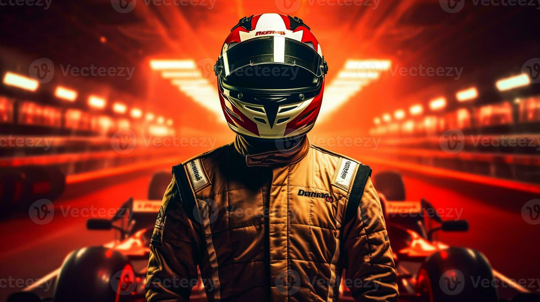 Young man in red racing suit and helmet on the race track. photo