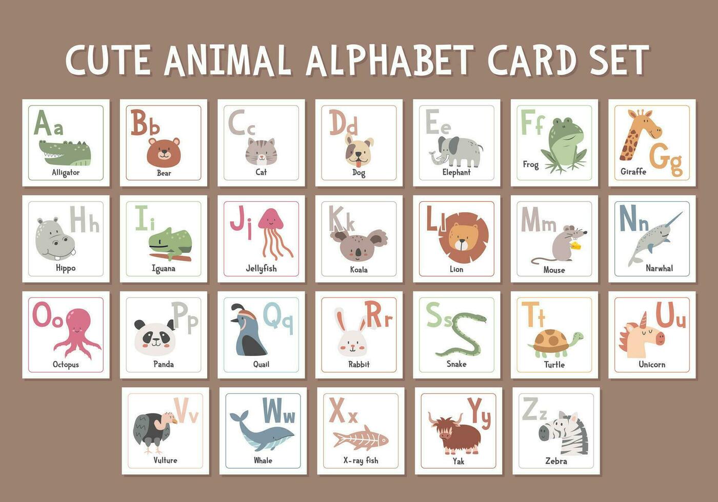 linda animal alfabeto para niños educación, plano vector ilustración. conjunto de alfabeto tarjetas con animales clipart gracioso dibujos animados mano dibujado estilo letras desde un a z. caimán, iguana, codorniz, buitre, yak