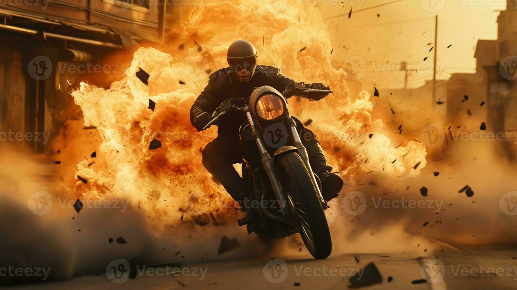 Racing motorcycle in flames. Motorcyclist on a motorcycle in smoke. photo