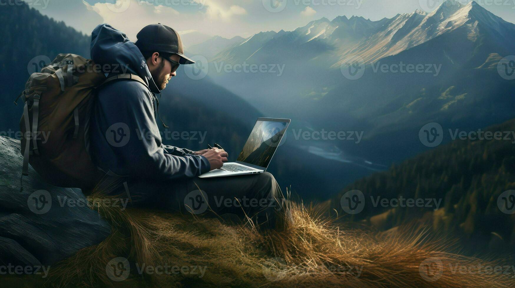 Hiker with backpack sitting on top of the mountain and using laptop photo