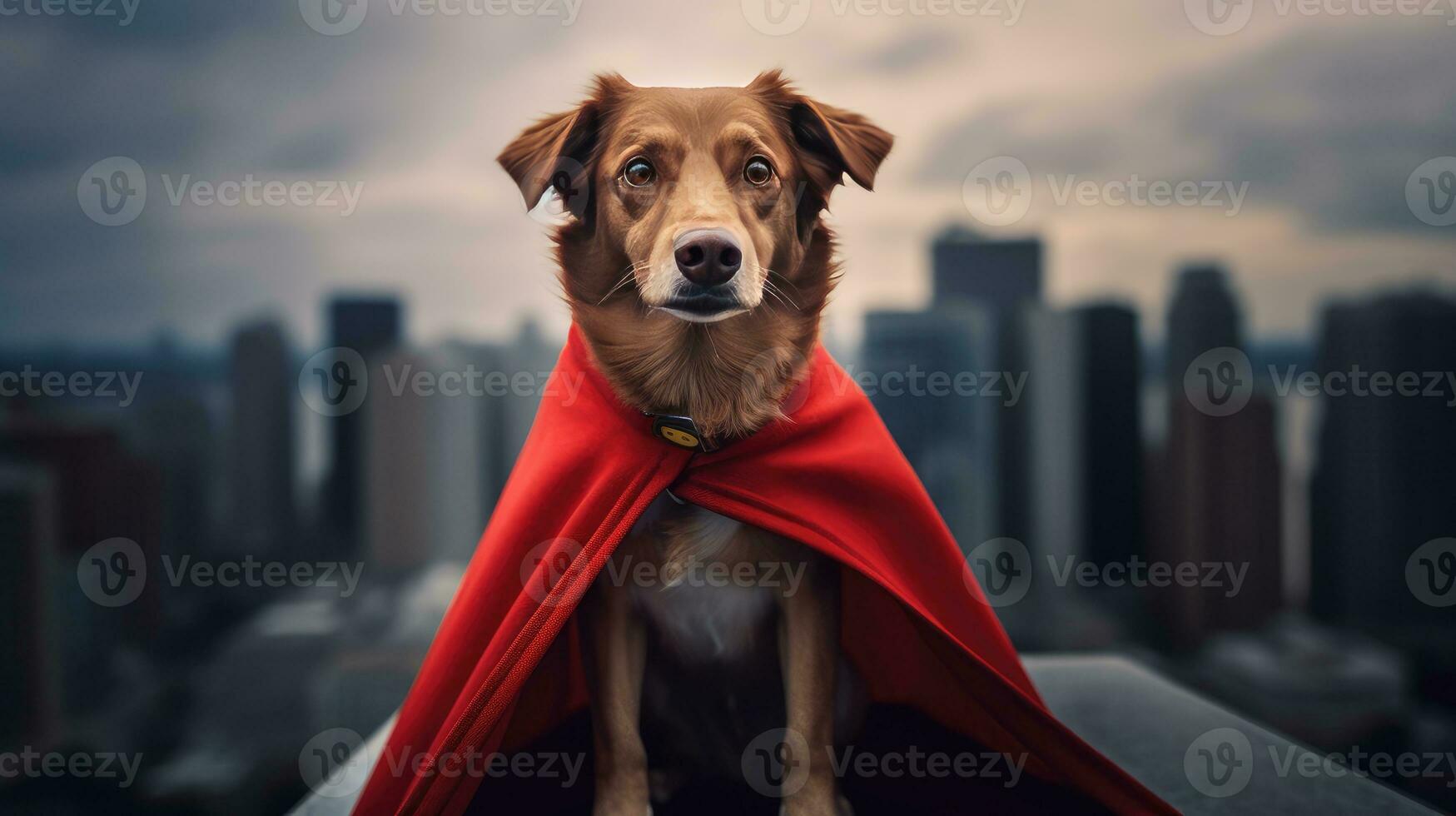 Portrait of a dog dressed as a superhero with a red cape photo