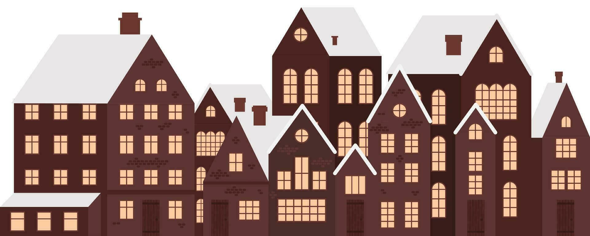 Winter town silhouette with brown houses, snowy streets, and festive atmosphere. Vector illustration for Christmas banners and decorations. Cut out. Not AI generated.