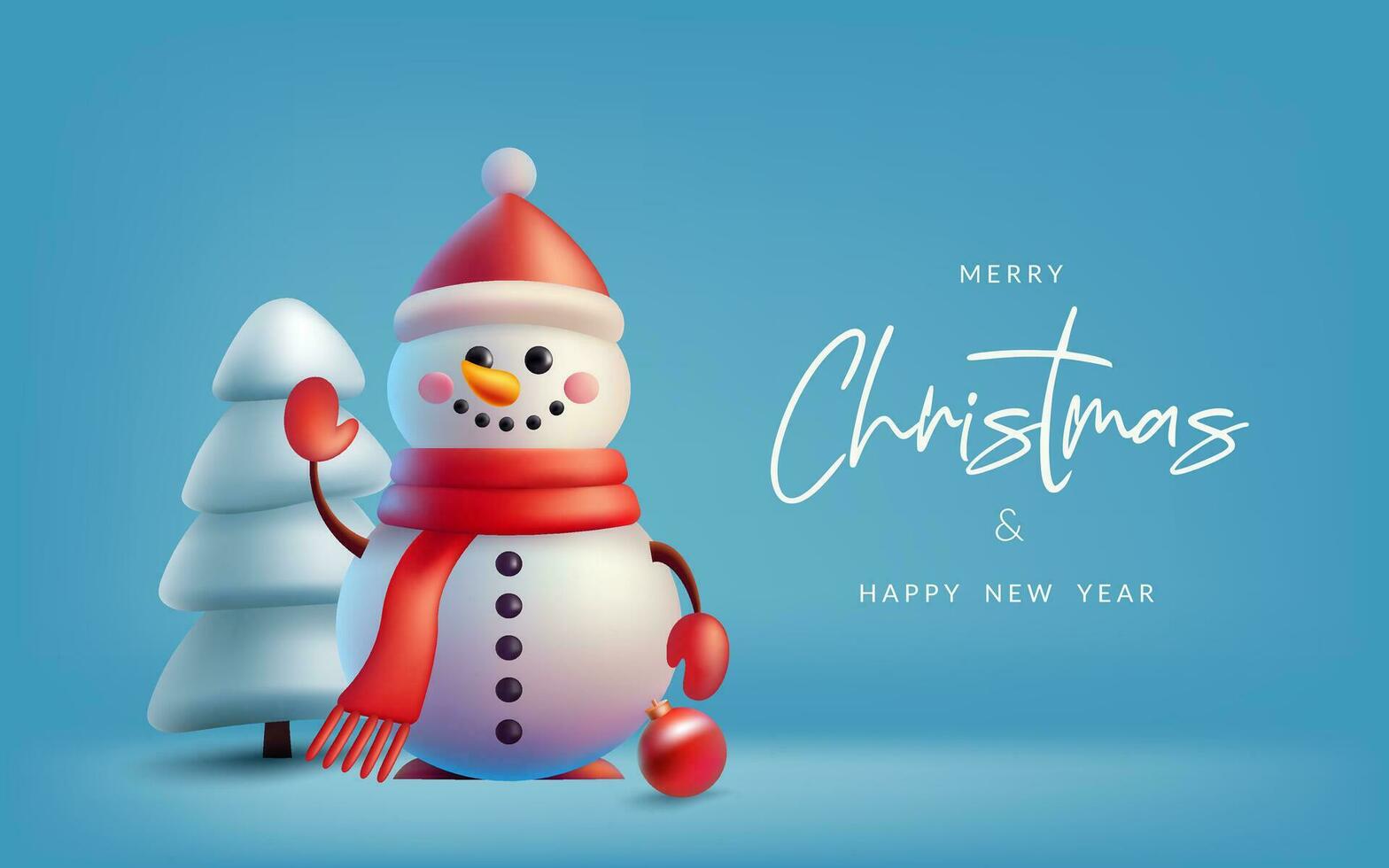 Festive 3D vector illustration of a cute snowman and pine tree cover in snow for Christmas banner. Winter Holiday design with realistic elements. Not AI generated.