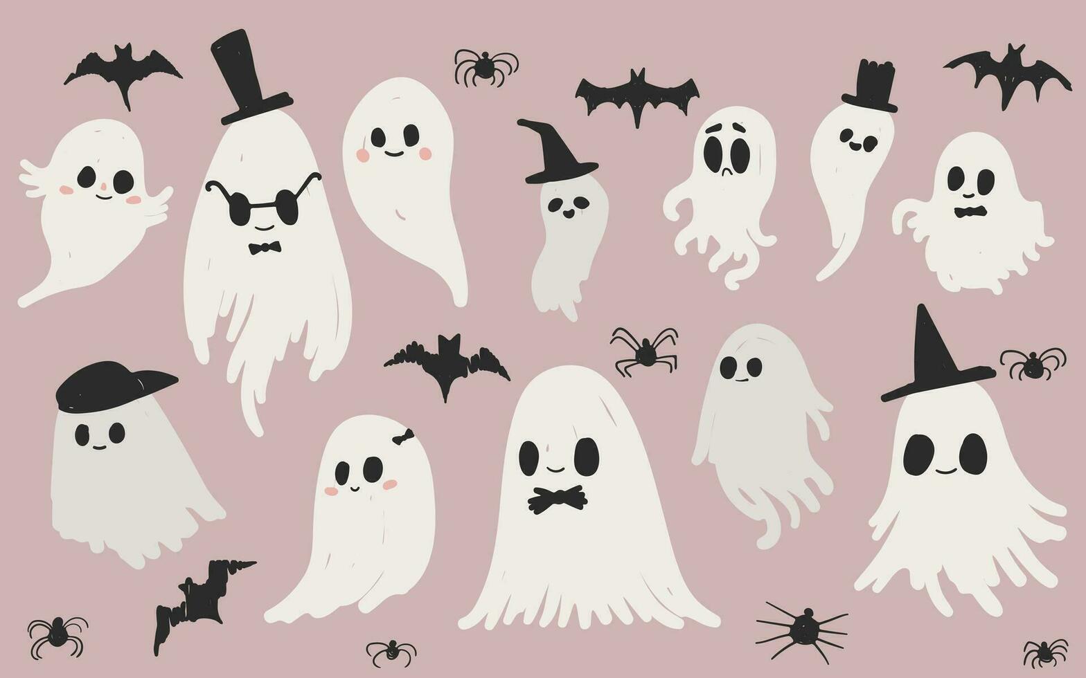 A collection of cute, hand drawn ghosts for Halloween, vector cartoon illustration. For party invitations, prints, posters. The ghosts, drawn in a child friendly style. Not AI generated.