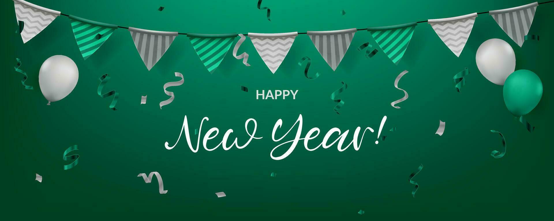 Happy New Year celebration illustration featuring confetti, balloons, green flags, and garland. Suitable for various celebrations such as birthdays, anniversaries, and events. Not AI generated. vector