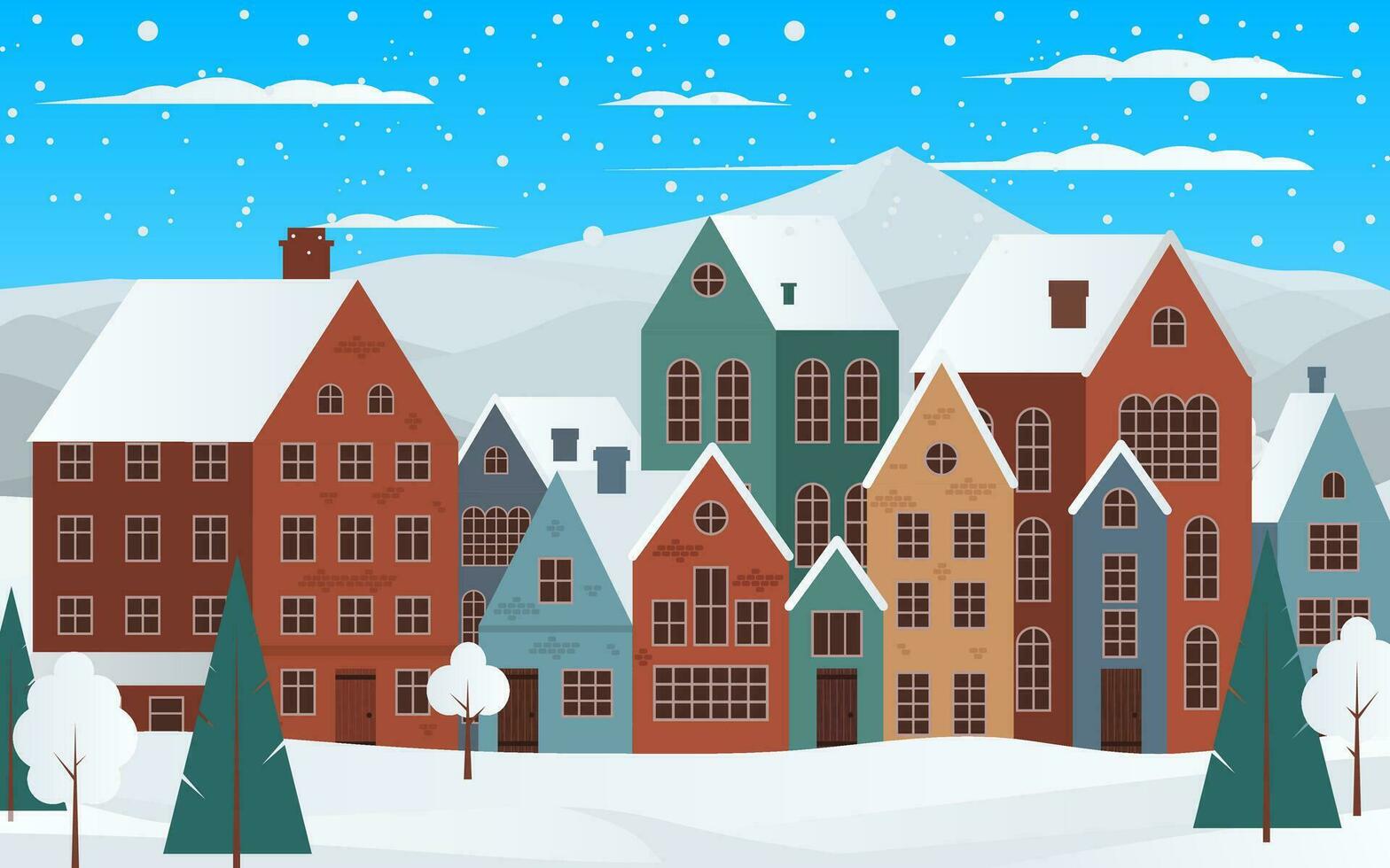 Cozy charming winter panorama of a small town with houses, trees, and snow. Vector illustration for Christmas cards and greetings. Winter magic with its snowy landscape. Not AI generated.