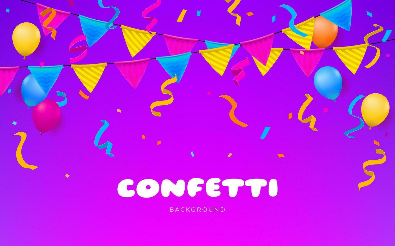 Purple banner with confetti, flags, and balloons, creating atmosphere for a happy birthday. Design perfect for birthday parties, anniversaries, or any joyful event. Not AI generated. vector