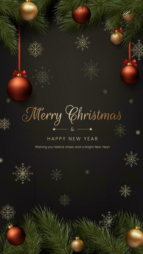 A festive Christmas card with a decorative design. Golden balls, black background, elegant luxury snowflakes, joyful and merry atmosphere. For holiday celebrations and greetings. Not AI generated. vector