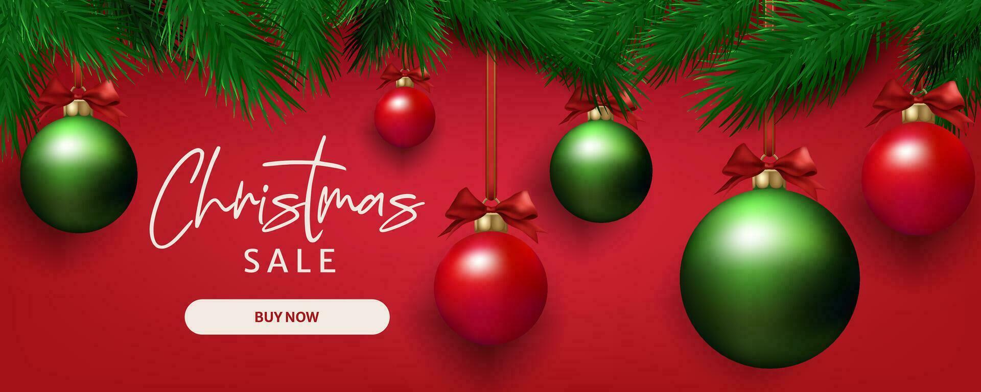 Christmas sale banner realistic pine tree branches and decorative balls. Festive background for winter celebrations, with a mix of red and green elements. Not AI generated. vector