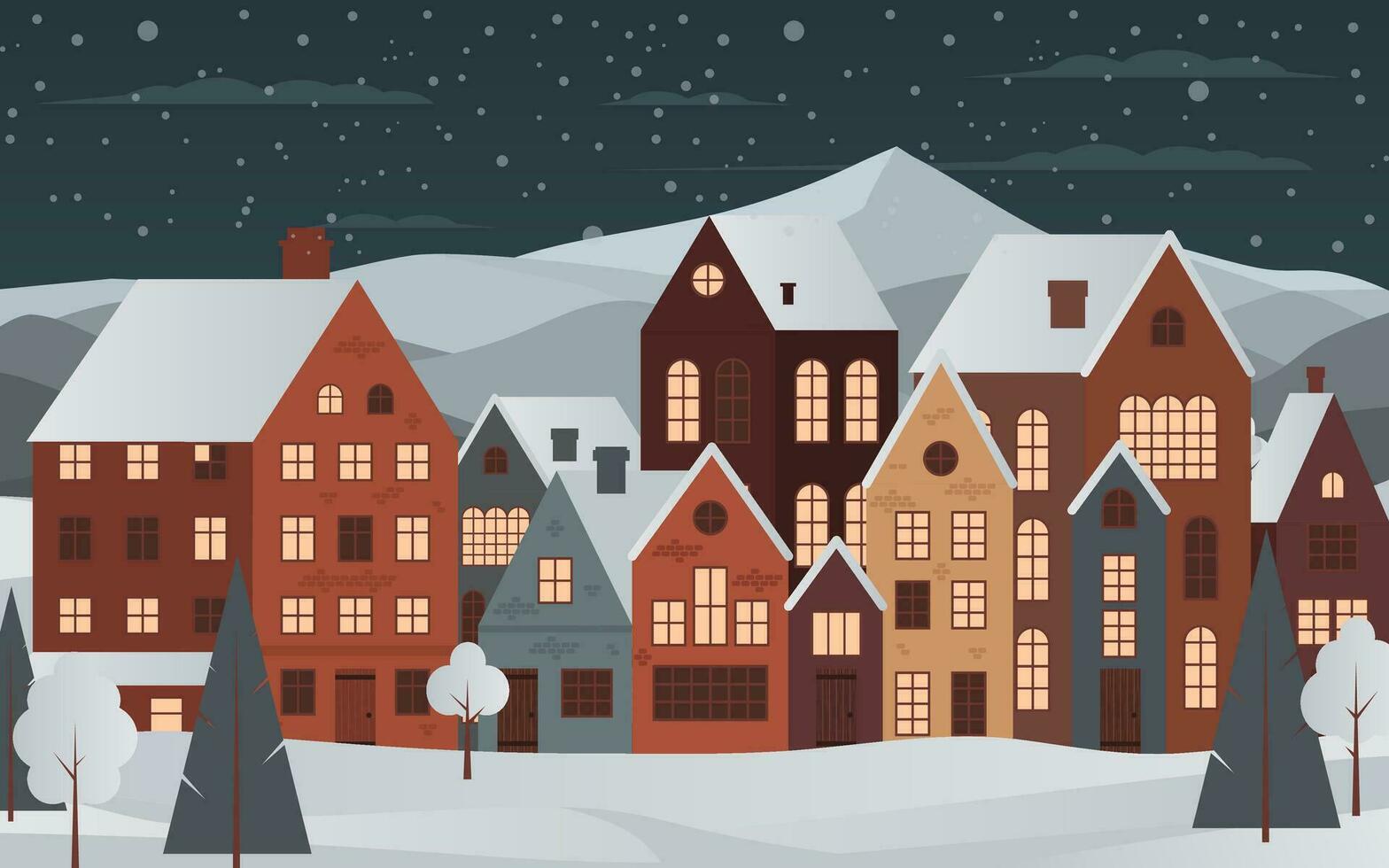 acogedor encantador invierno noche panorama de un pequeño pueblo con casas con ventana luces, árboles, y nieve. para Navidad tarjetas y saludos. invierno magia con sus Nevado paisaje. no ai generado. vector