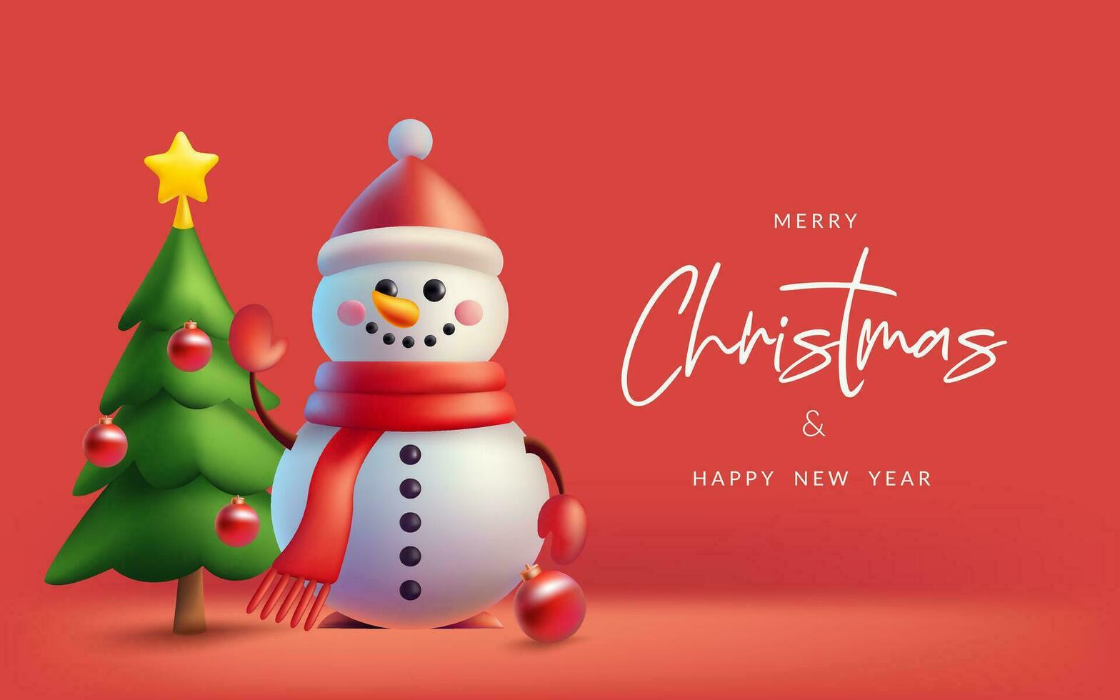 Festive 3D vector illustration of a cute snowman and pine tree for Christmas banner. Holiday design with realistic elements. Not AI generated.