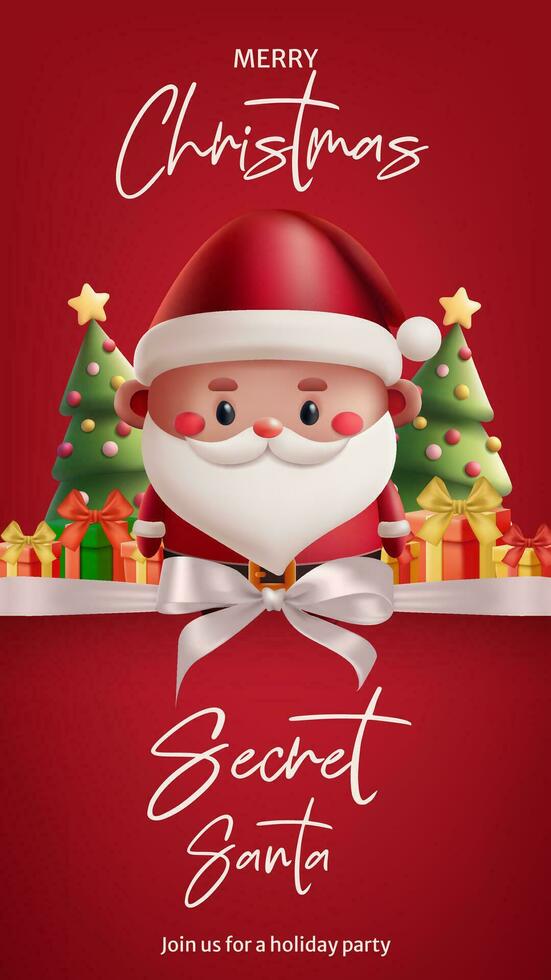 Cartoon 3D Santa illustration for a festive Secret Santa banner invitation. Fun and cute holiday design with realistic elements. Perfect for Christmas celebrations. Not AI generated vector