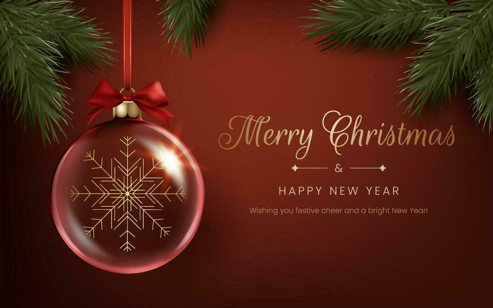 A transparent Christmas ball with a snowflake inside, luxurious gold illustration. Merry Christmas and Happy New Year red banner with pine green branches. Not AI generated. vector