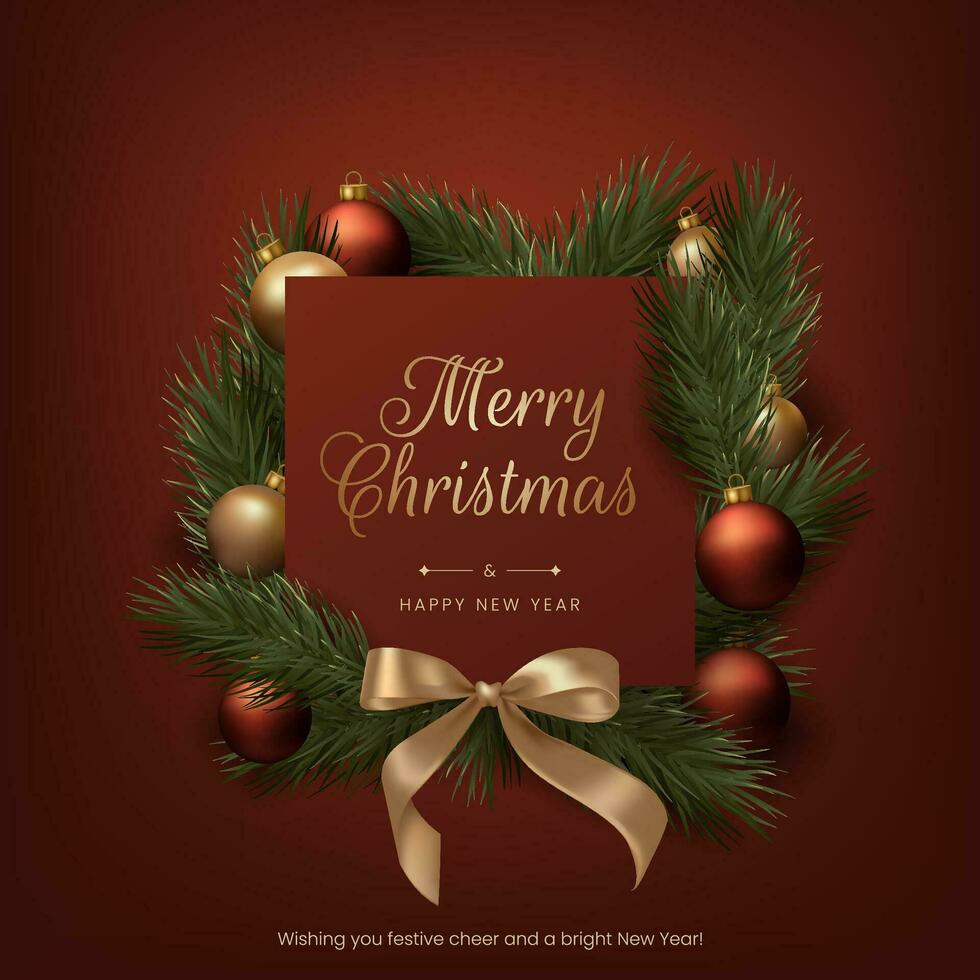 Merry Christmas frame realistic red and gold balls, pine tree branches, and festive bow ribbons. This elegant design is suitable for holiday cards, invitations, and banners. Not AI generated vector