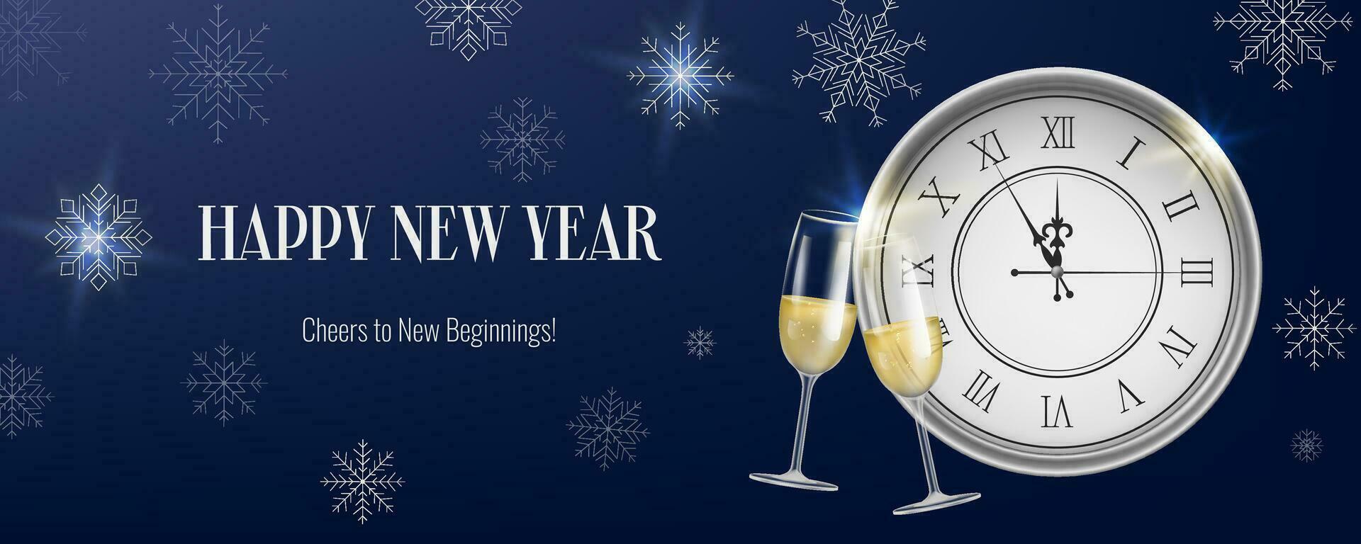 realista noche nuevo año bandera, presentando un reloj, copos de nieve y champán. oro y Navidad temática decoraciones adecuado para invitaciones, saludos, y evento promociones no ai generado. vector