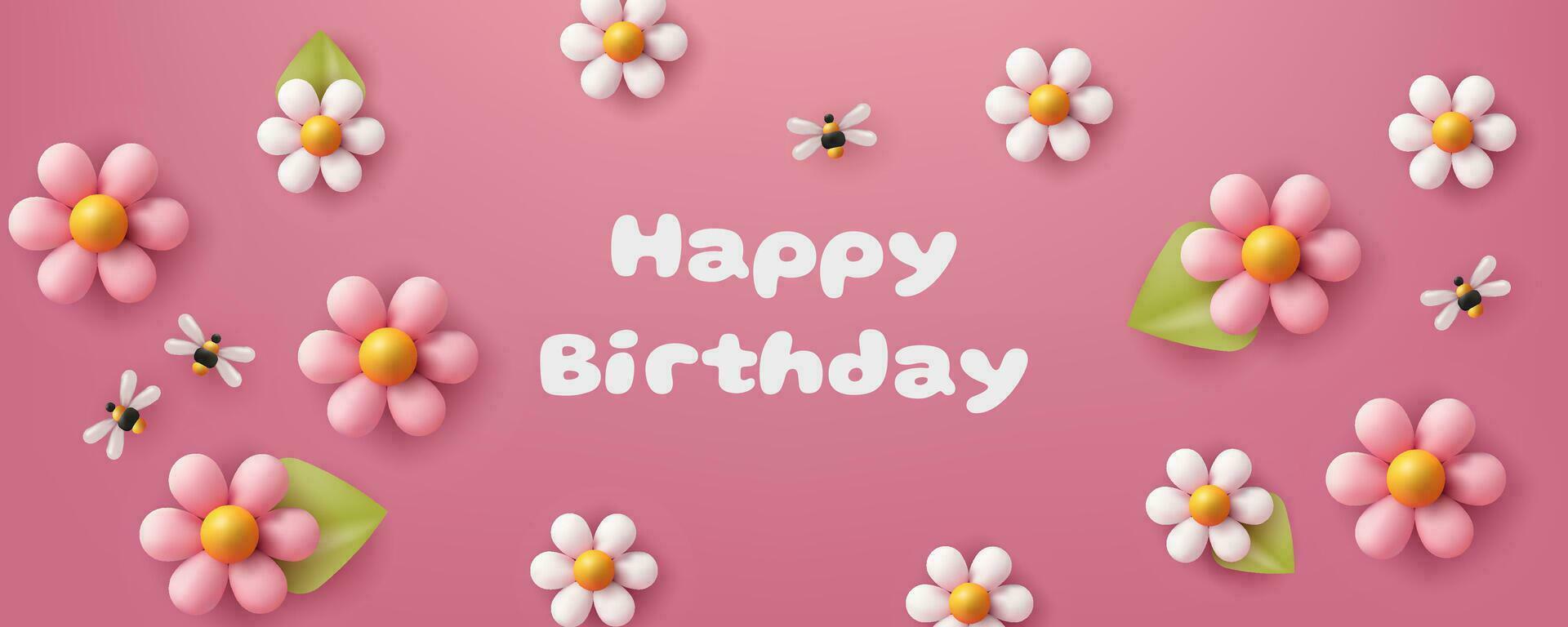 Horizontal banner in pink with a 3D illustration featuring flower balloons, bees and a cheerful birthday design. Realistic and cute invitation card. Not AI generated. vector